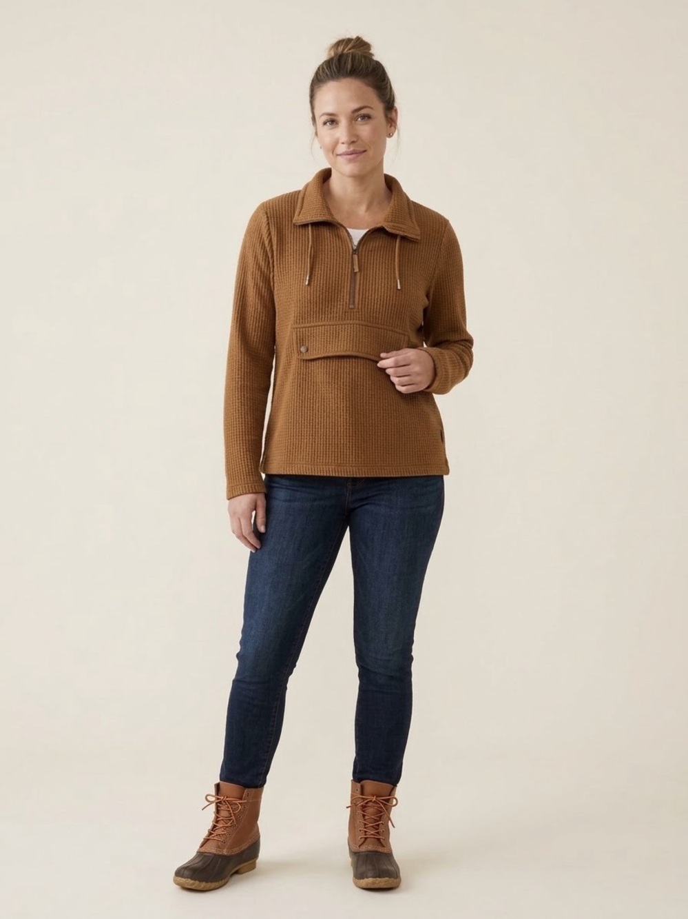 🍂 LL Bean Signature XL Brown Waffle Knit Half Zip Anorak Pullover
